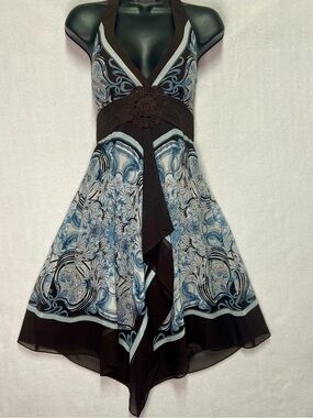 NWT BCBG Max Azria Blue Brown Silk & Crotchet Floral Halter Dress Fairy Boho Y2K